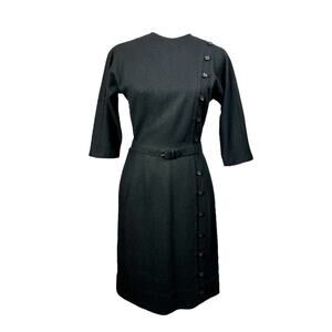 Vintage 50s 60s Adele Martin Wool Dress fits Modern SZ 4 Black Belted Trad Wife